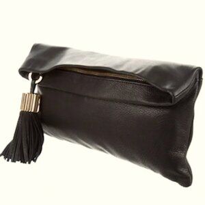 India Hicks Carmen foldover Black Leather Clutch Purse goldtone removable tassel